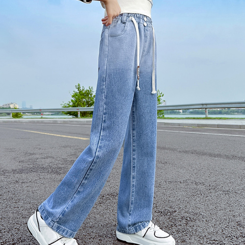 cheap kids jeans girls straight leg gradient light blue color causal jeans pants