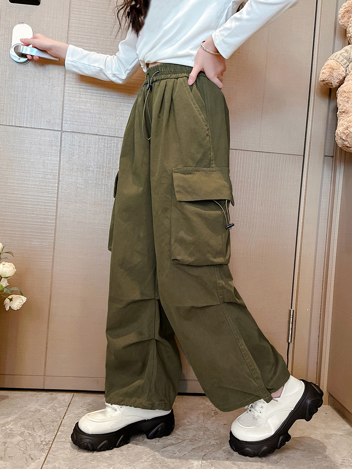 classic military green wonder kids overall cargo jeans pants elastic belt casual china factory