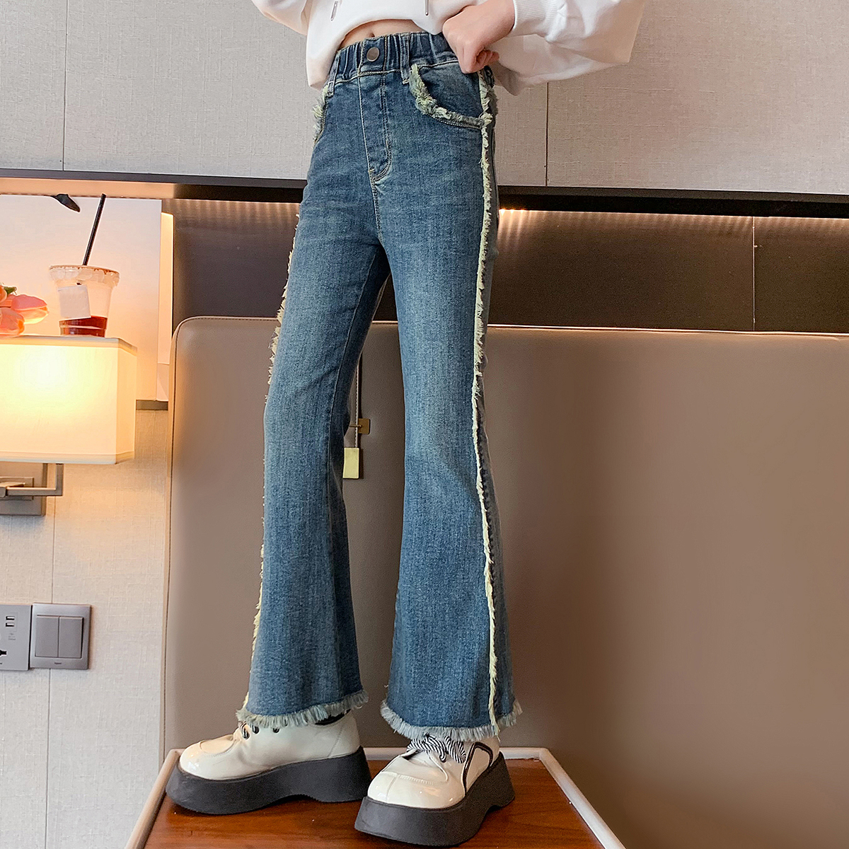 rich tall kids girls jeans co company china factory bell-bottoms cutoff rough edge trousers blue
