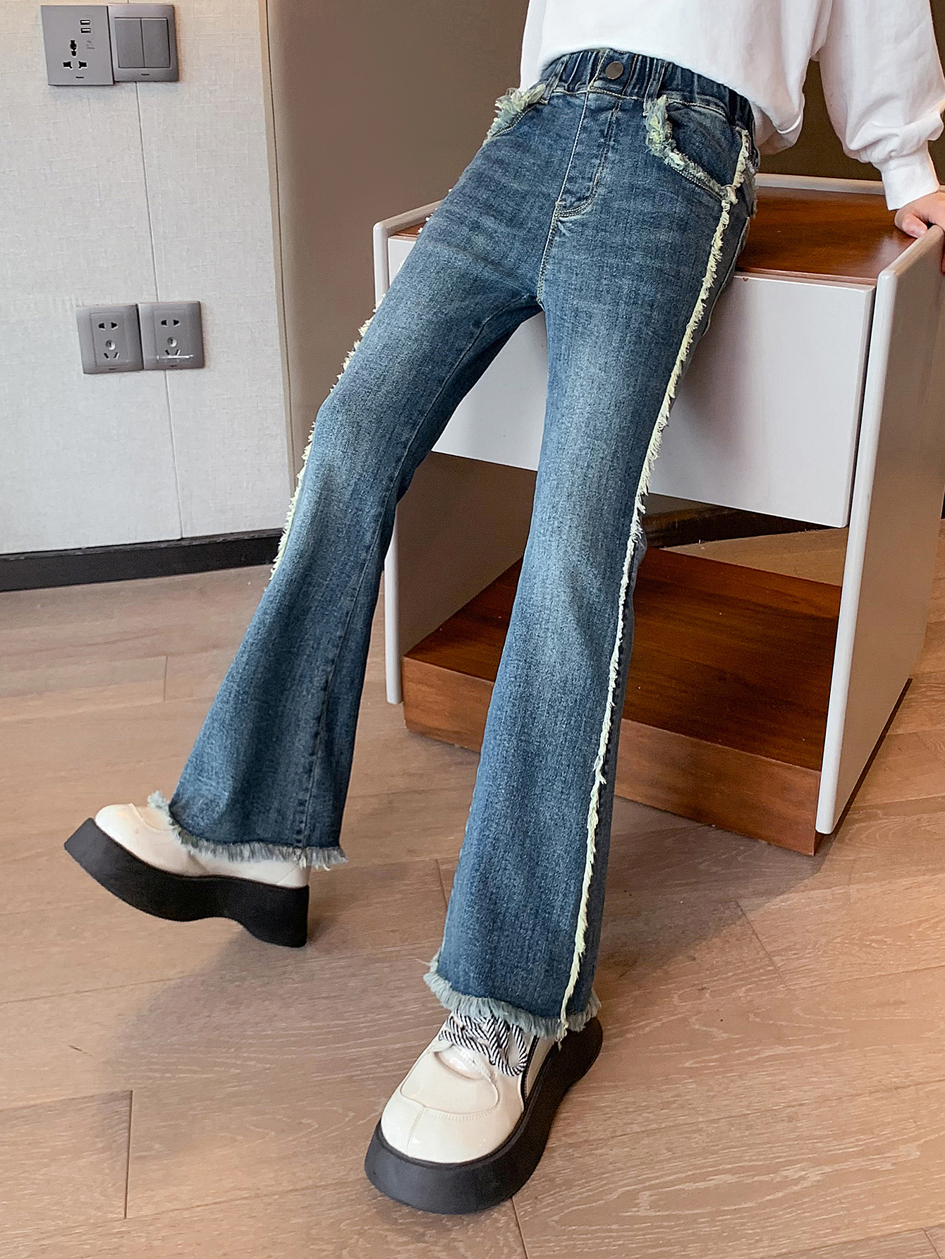 rich tall kids girls jeans co company china factory bell-bottoms cutoff rough edge trousers blue