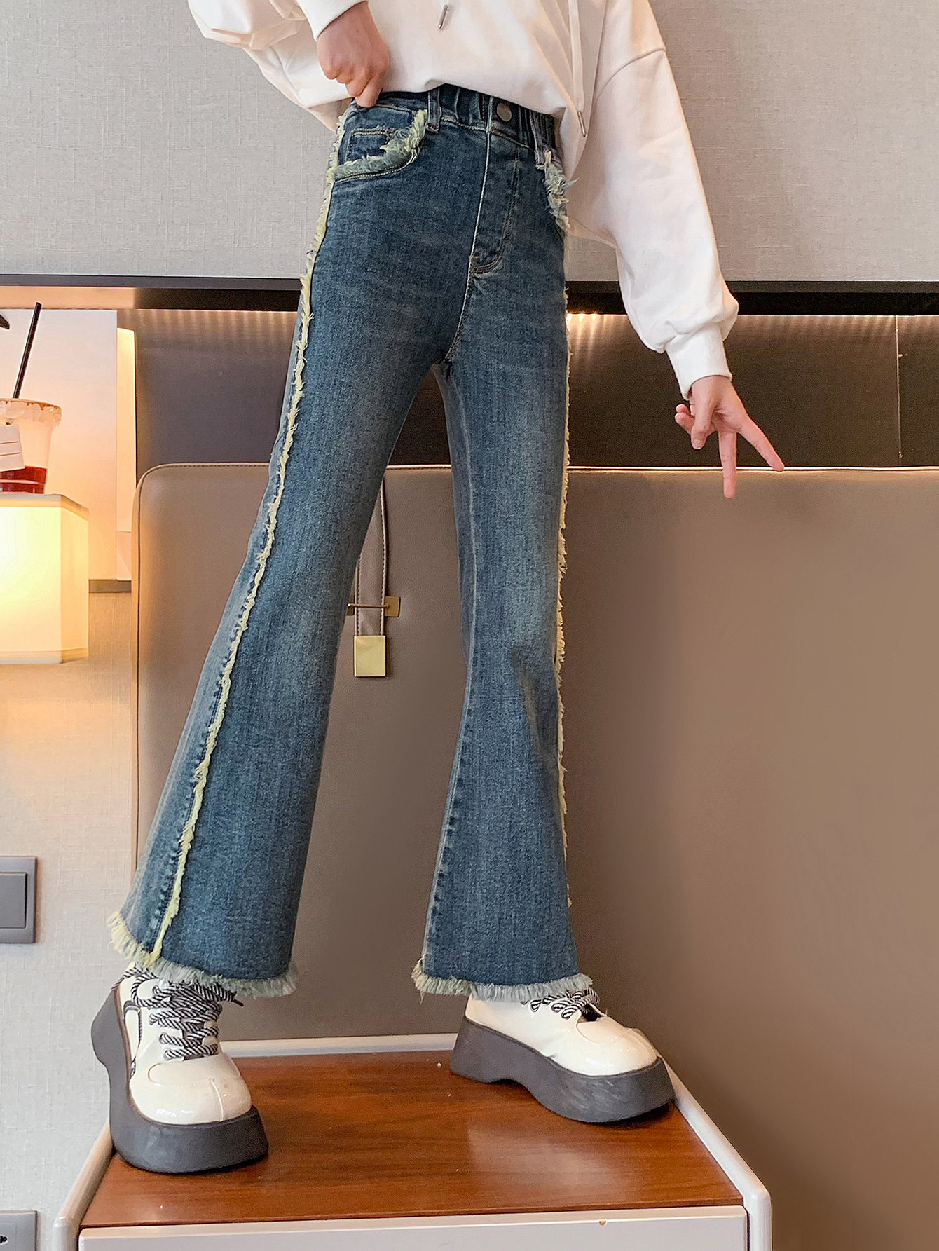 rich tall kids girls jeans co company china factory bell-bottoms cutoff rough edge trousers blue