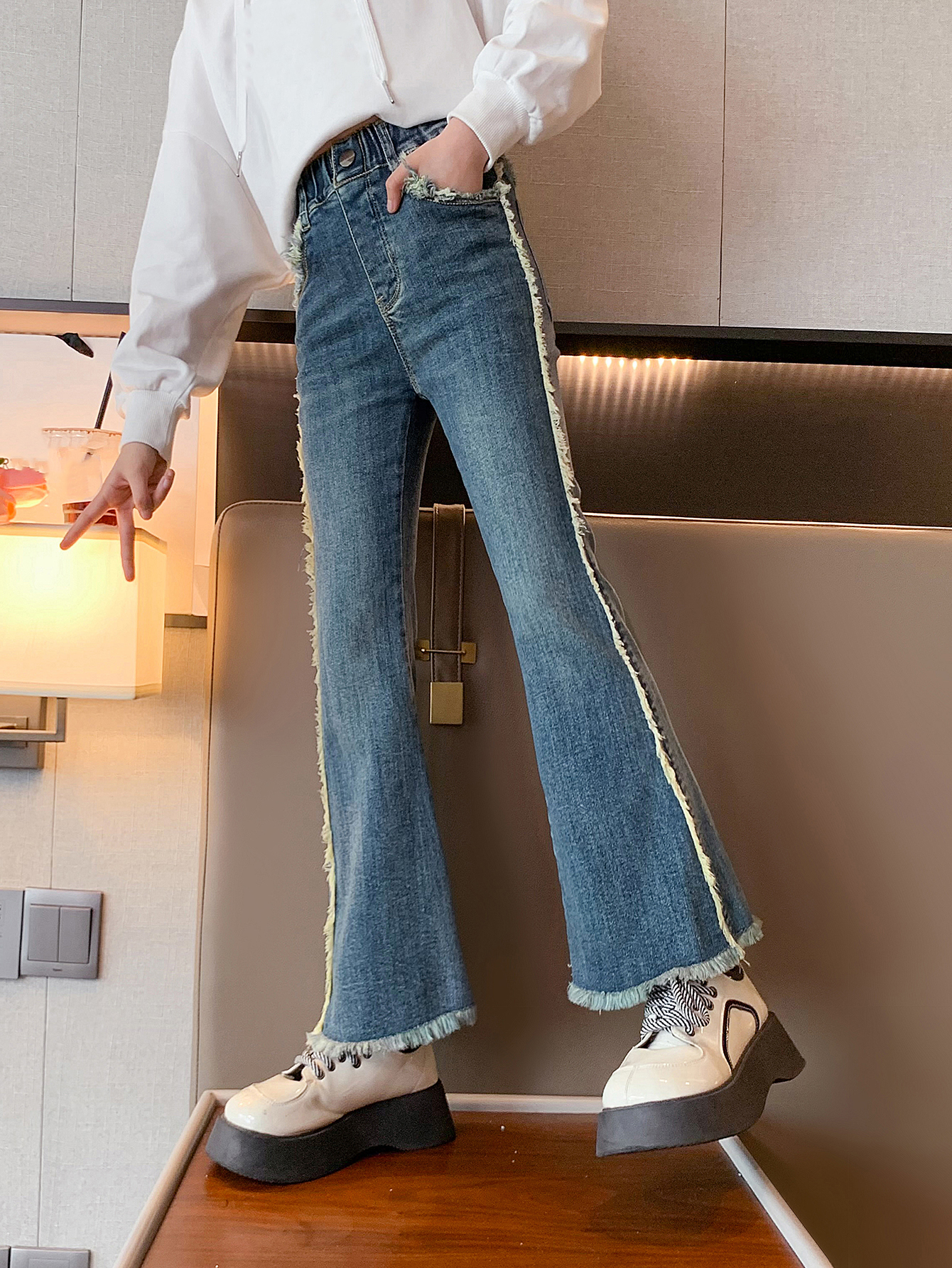 rich tall kids girls jeans co company china factory bell-bottoms cutoff rough edge trousers blue