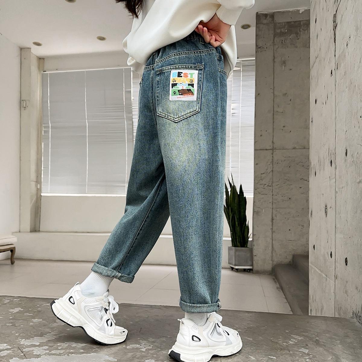 fashion chunky daddy pants cute patch kids jeans size for girls china manufacturer