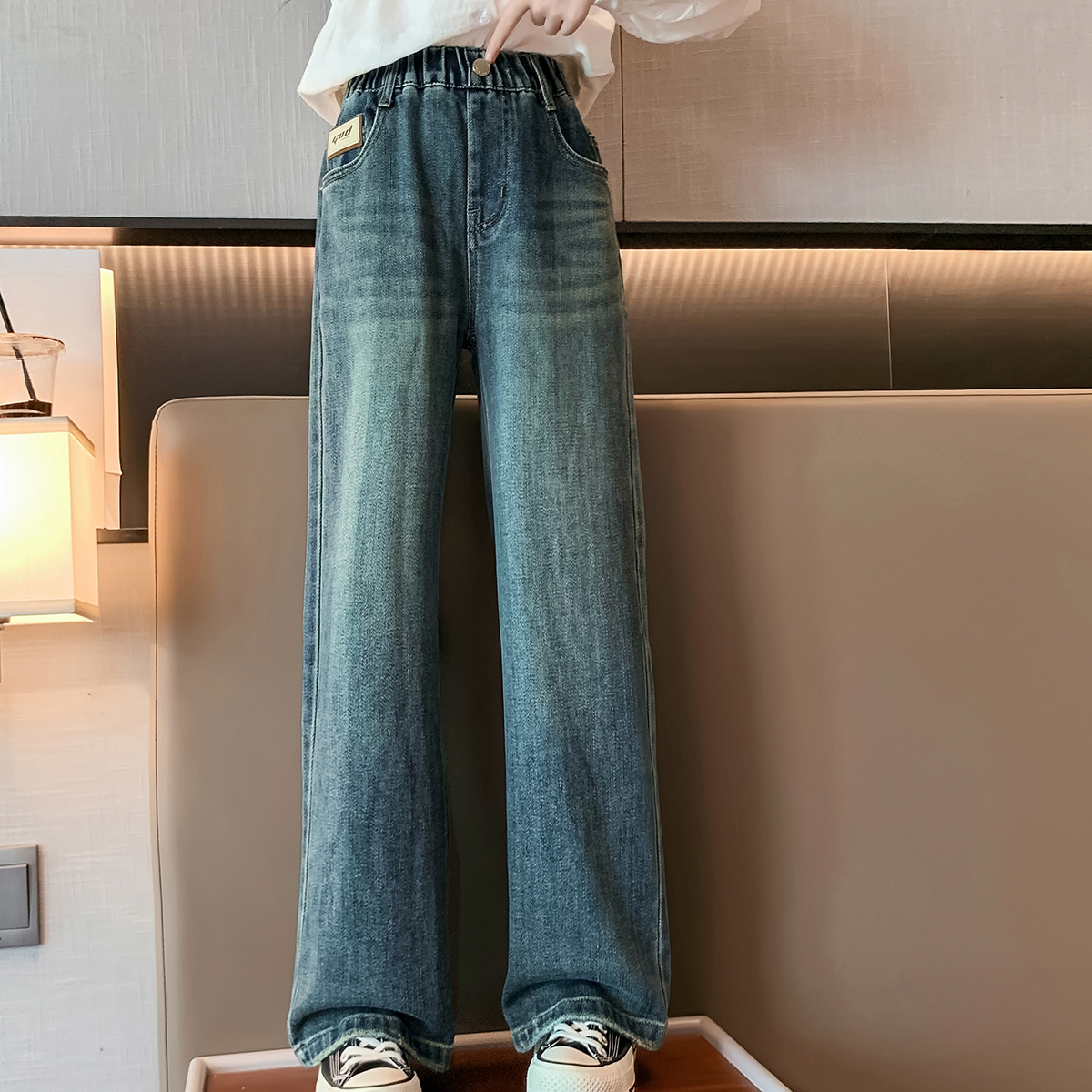 simple popular wide-leg pants little teen girls jeans types light blue after-sale service