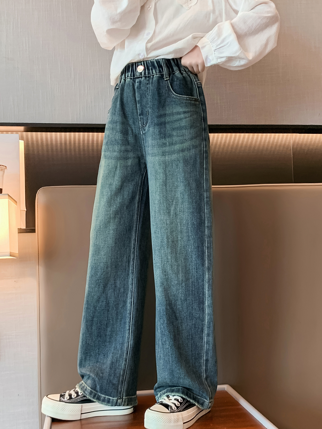 simple popular wide-leg pants little teen girls jeans types light blue after-sale service