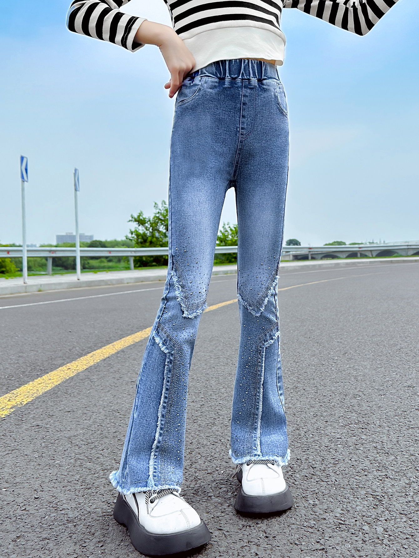 fashion raw denim jeans shinny dot design kids girls jeans clip art pants fast production