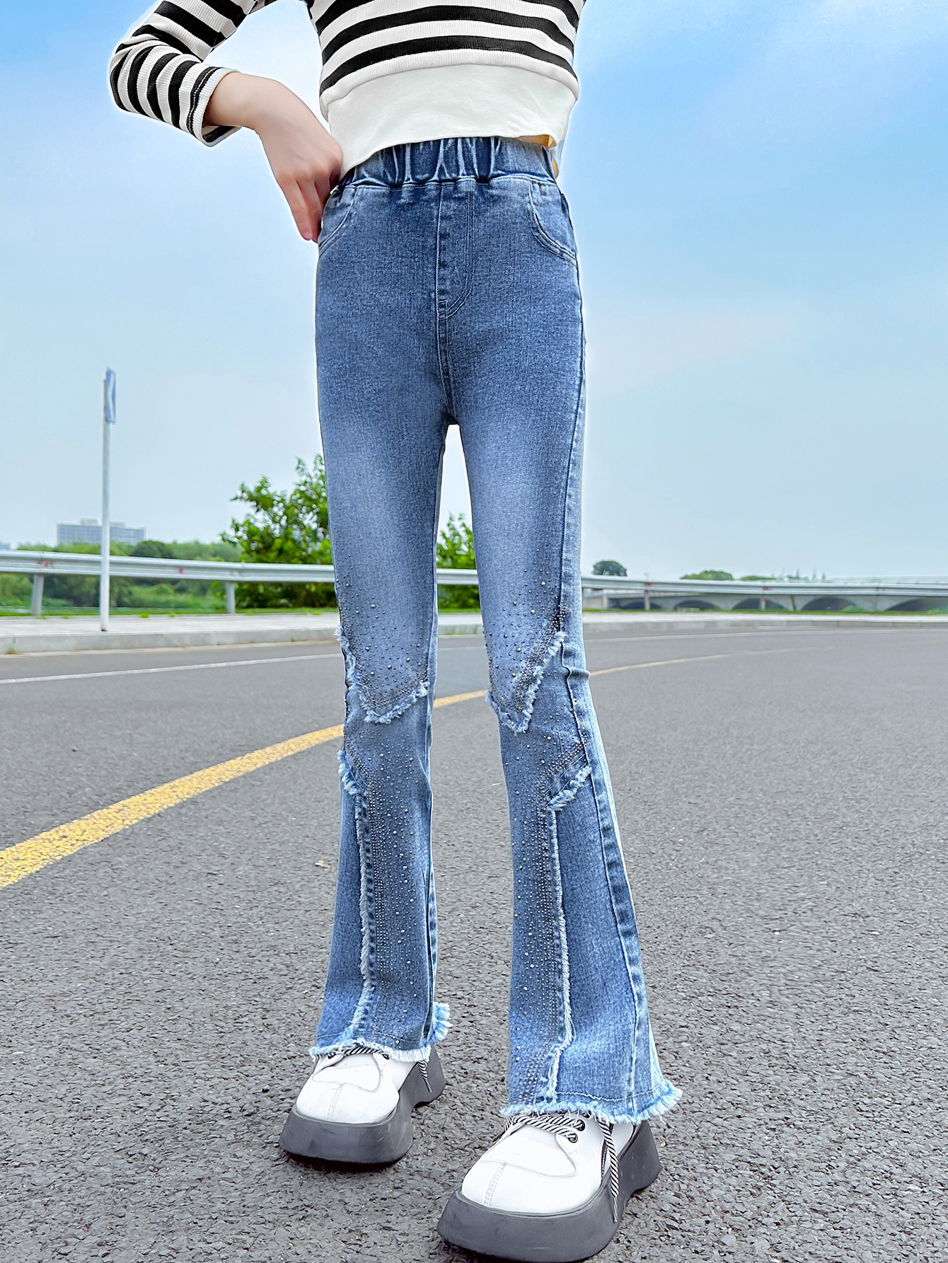 fashion raw denim jeans shinny dot design kids girls jeans clip art pants fast production