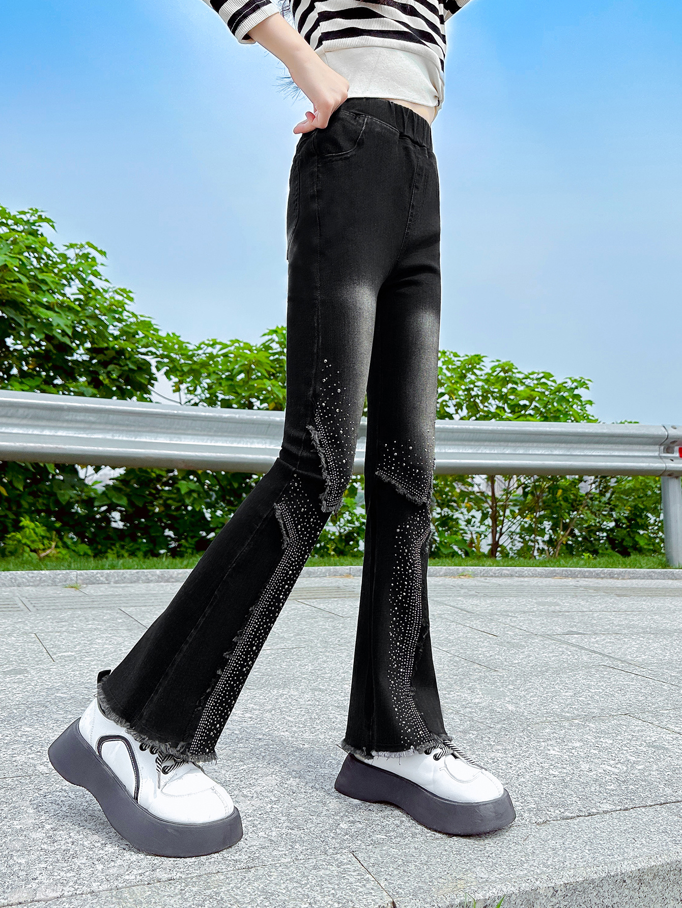 new fashion elastic waist flare kids girls jeans long China manufacturer Zhili kids wear