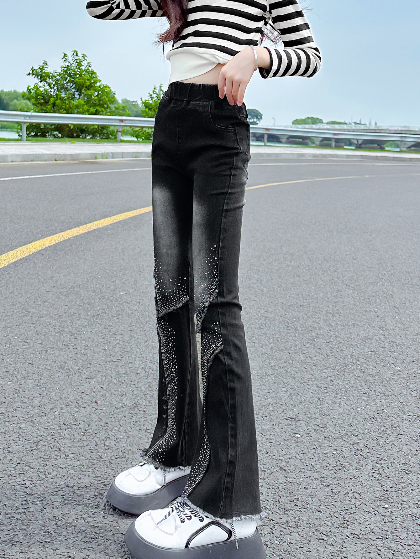 new fashion elastic waist flare kids girls jeans long China manufacturer Zhili kids wear