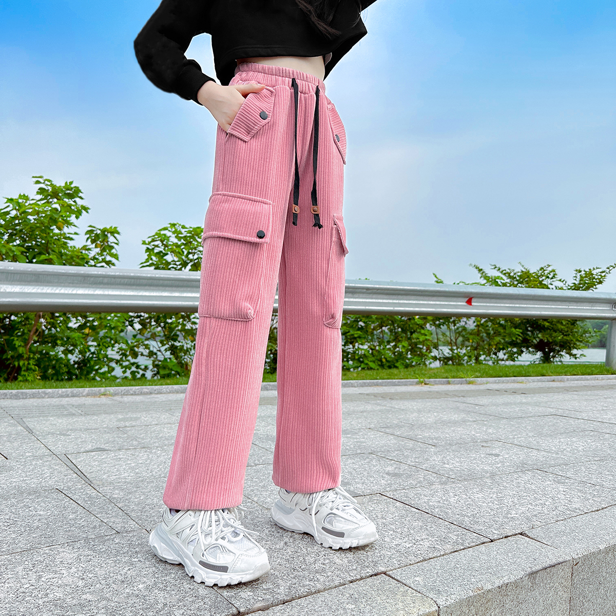 little girls pants pink color four big pockets overall formal kids wear collection customization service