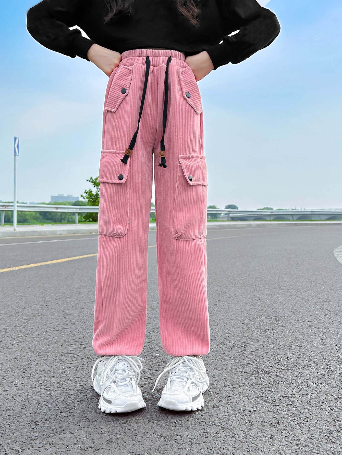 little girls pants pink color four big pockets overall formal kids wear collection customization service