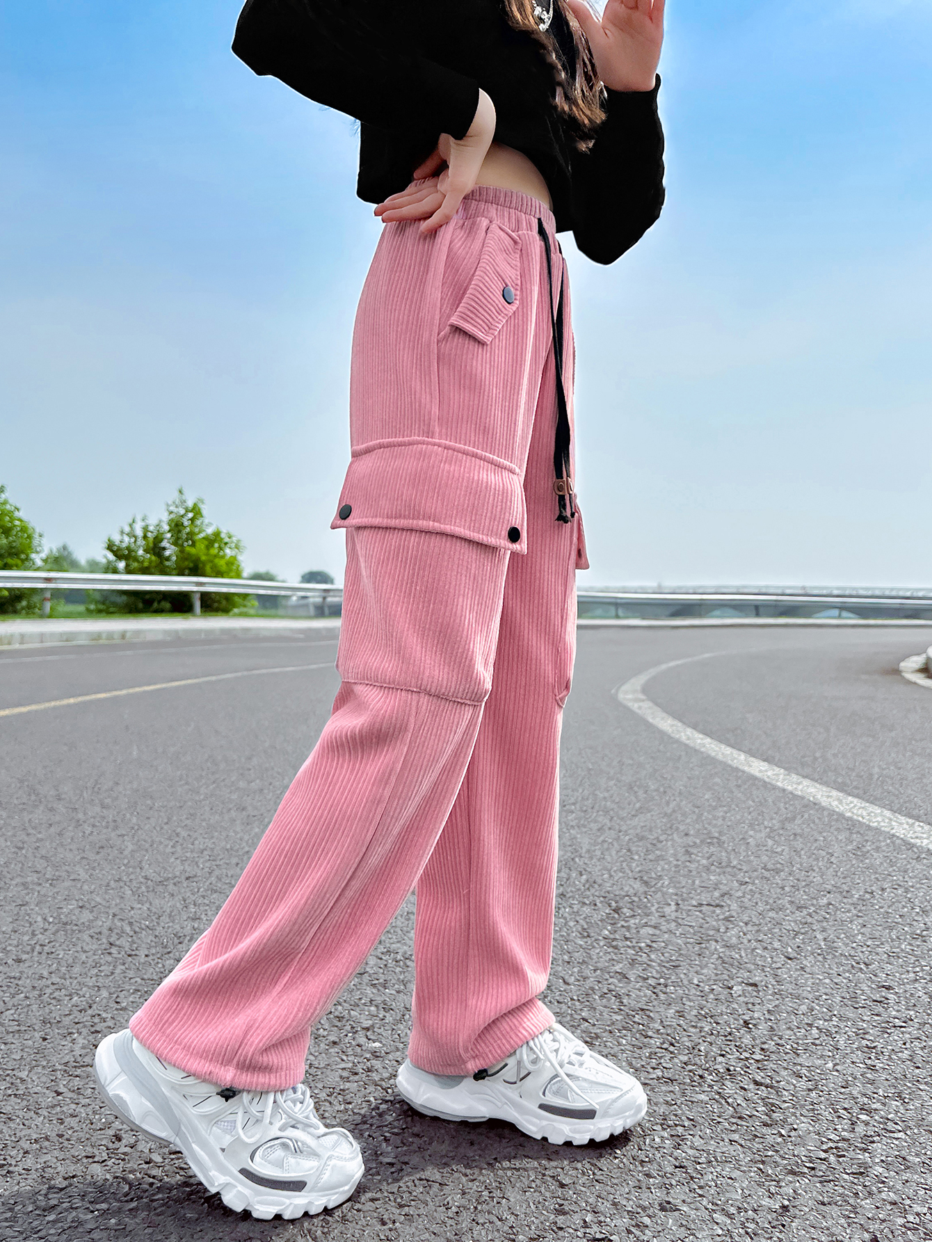 little girls pants pink color four big pockets overall formal kids wear collection customization service