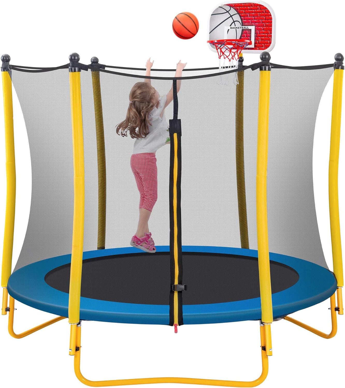 Trampoline for Kids with Basketball Hoop, Rubber Ball and Safety Enclosure Net