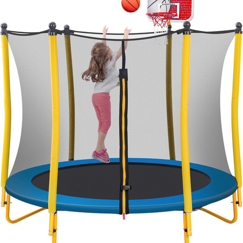 Trampoline for Kids with Basketball Hoop, Rubber Ball and Safety Enclosure Net