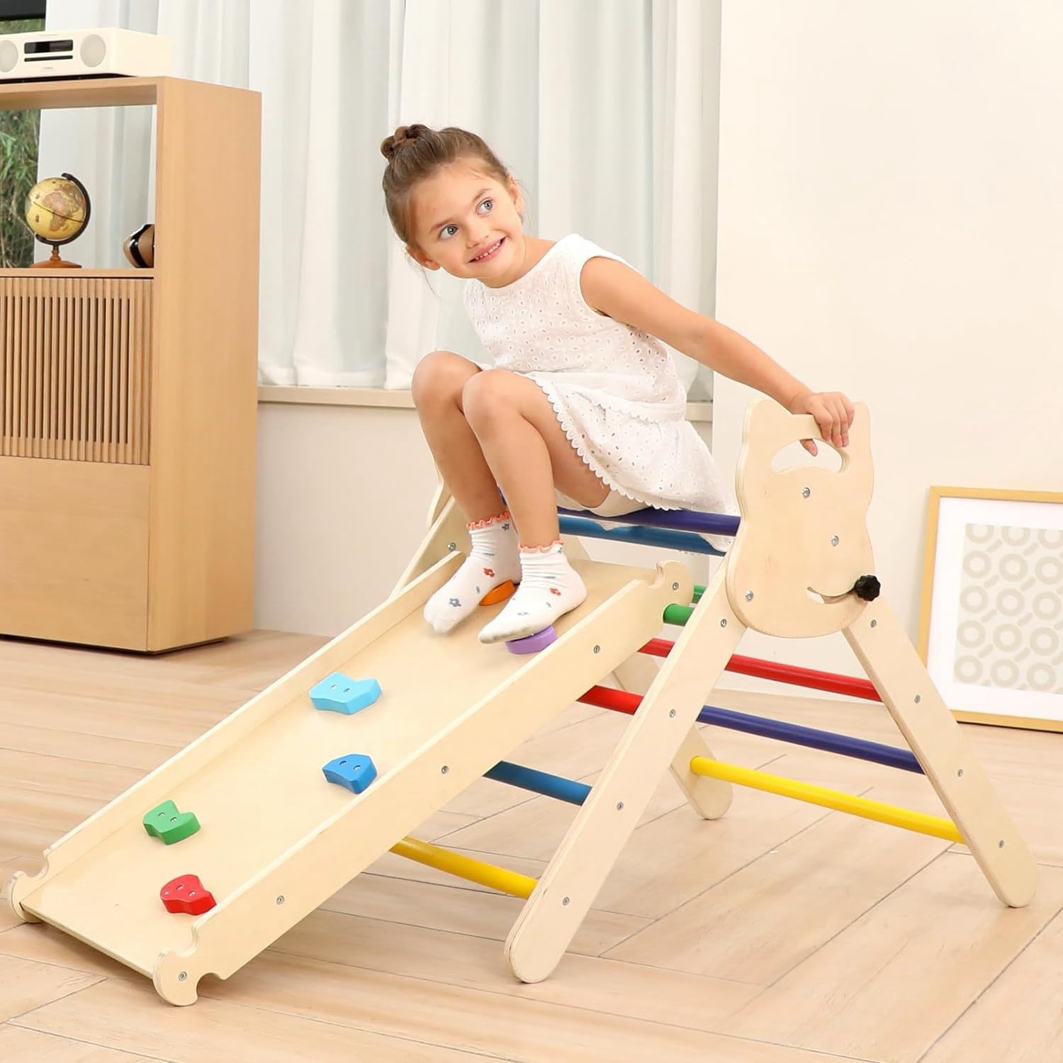 2-in-1 Indoor Foldable Wooden Kids Climbing Triangle Set with Ladder & Slide for Playground