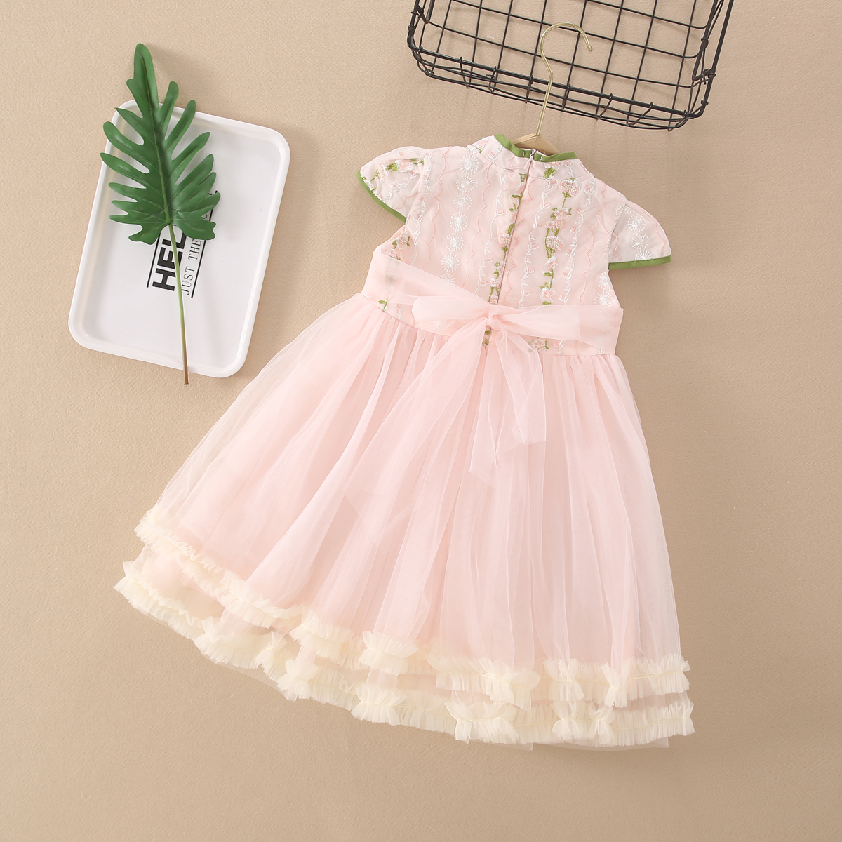Chinese style pink green mesh little girls dresses kids clothing wholesale labels free samples