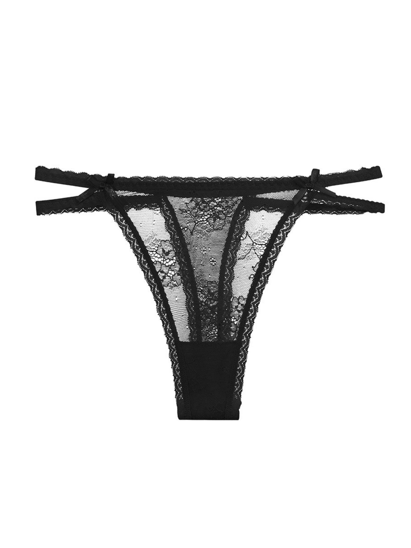 Floral Lace Semi Sheer Bow Cut Out Thongs, Comfy & Breathable Intimates Panties, Women's Lingerie & Underwear