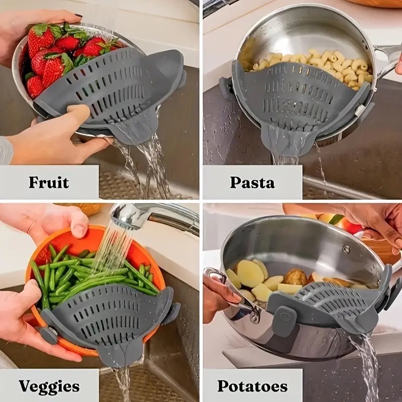 Strainer, Silicone Pot Strainer, Adjustable Silicone Clip On Strainer For Pots Pans And Bowls, Kitchen Pot Strainer, Hand Held Pot Drainer, Fruit Washing Filter For Noodles Pasta Veggies, Food Strainers, Colander With Clip, Kitchen Tools