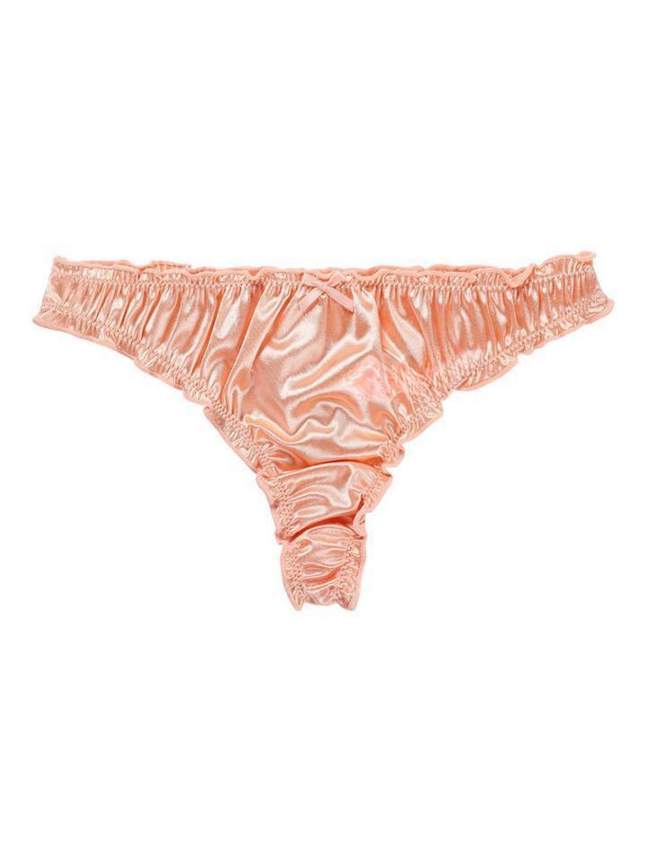 Sexy Solid Thongs, Bow Decor Lettuce Trim Plain Glossy Satin Intimates Panties, Women's Lingerie & Underwear