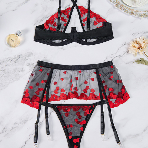 Heart Embroidery Lingerie Set, Cut Out Bow Tie Bra & Garter Belt G-String, Women's Sexy Lingerie & Underwear