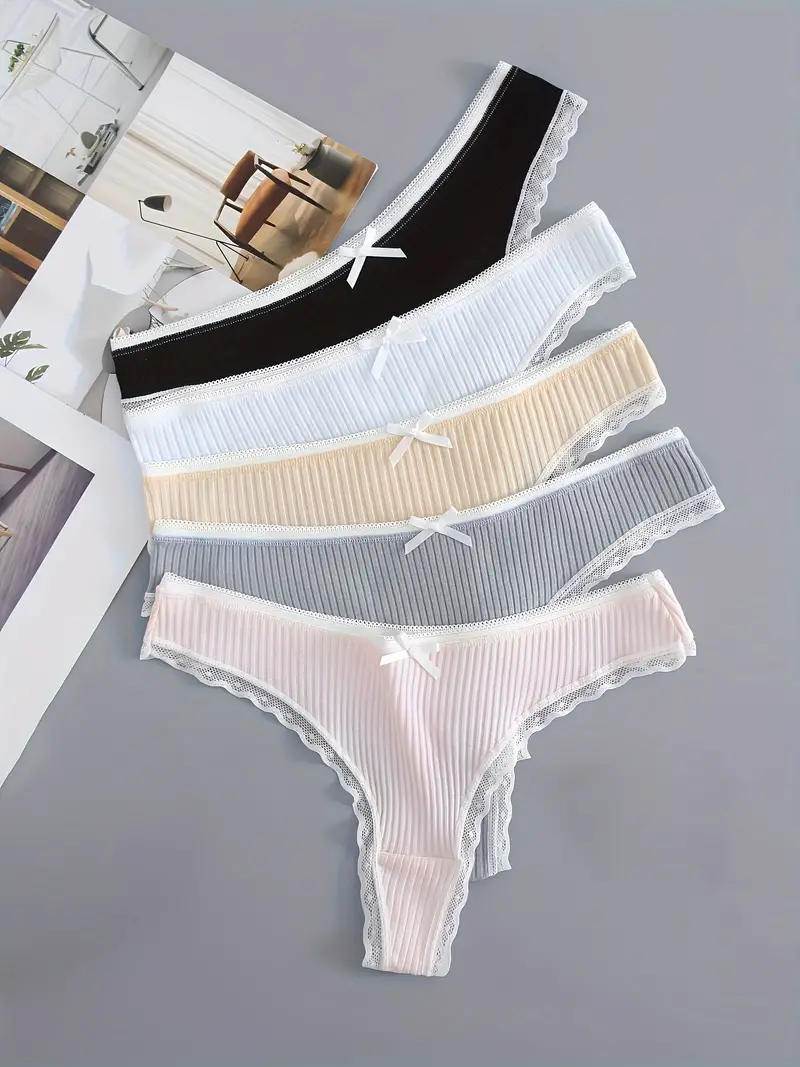 Solid Lace Trim Ribbed Low Waist Panties, Cute Everyday Briefs, Women's Lingerie & Underwear