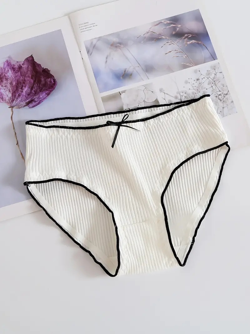 Bow Tie Ribbed Briefs, Comfy & Cute Stretchy Intimates Panties, Women's Lingerie & Underwear