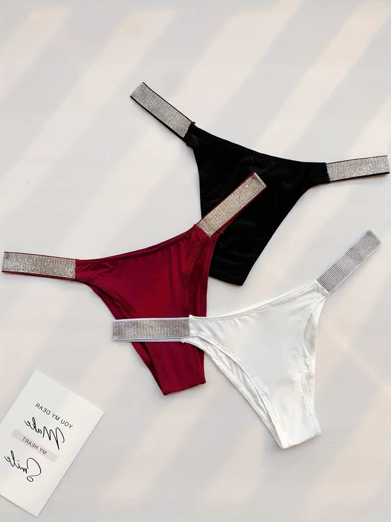 Glitter Solid Thongs, Comfy & Breathable Low Waist Panties, Women's Lingerie & Underwear