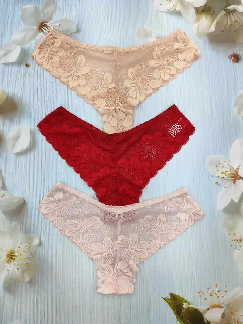 Floral Lace Panties, Soft & Comfy Scallop Trim Intimates Panties, Women's Lingerie & Underwear