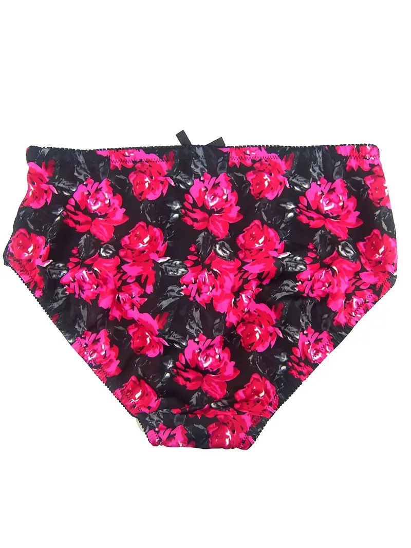 Women's Soft Lace Trim Flower Print Bikini Panties, Comfortable Medium Stretch High Waist Panties, Women's Underwear & Lingerie