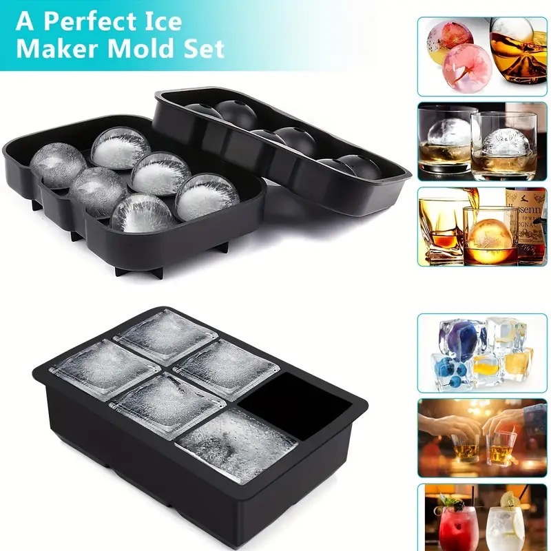 2pcs Ice Cube Tray, Silicone Ball Ice Cube Maker With Lid And Large Square Ice Cube Mold For Making Drinks And Food Storage, Suitable For Ice Cube Juice Food Grade Silicone, Reusable And BPA Free With Funnel, Multifunctional Household Mold