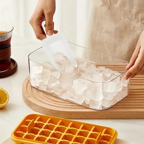 101oz Ice Cube Trays Set, the press ice grid- 64 Pcs Plastic Ice Cube Tray with Lid & Bin - Perfect for Freezer, Whiskey & Cocktails - Easy Release & Space Saving - 2 Trays & Scoop - Food Grade PP