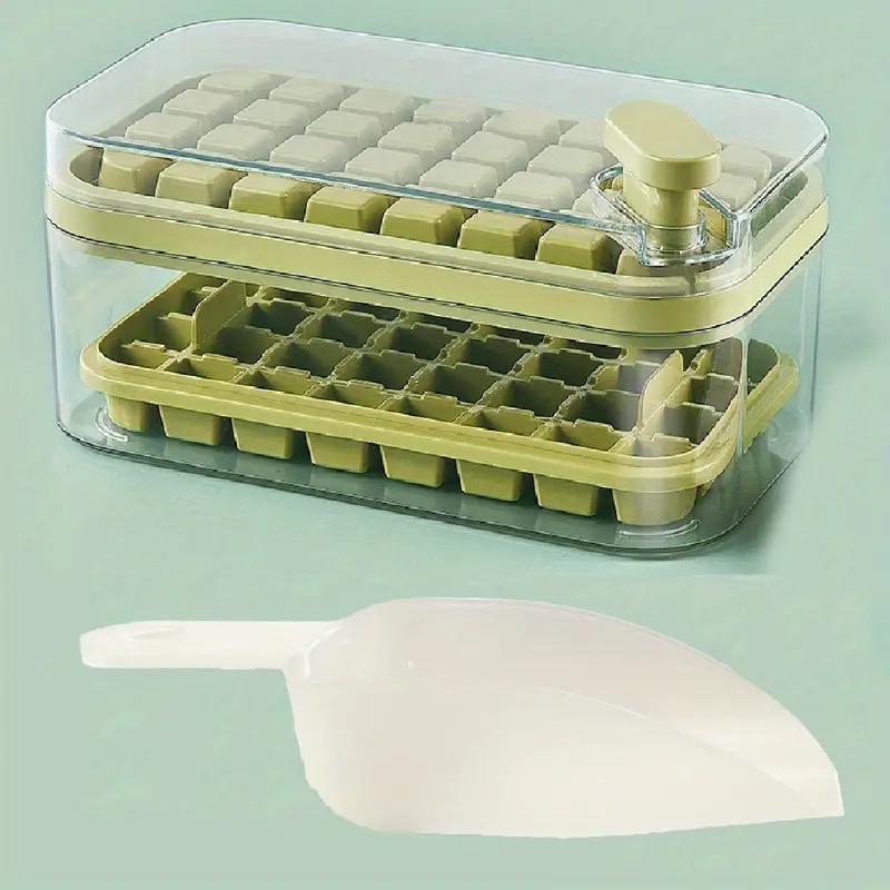 101oz Ice Cube Trays Set, the press ice grid- 64 Pcs Plastic Ice Cube Tray with Lid & Bin - Perfect for Freezer, Whiskey & Cocktails - Easy Release & Space Saving - 2 Trays & Scoop - Food Grade PP