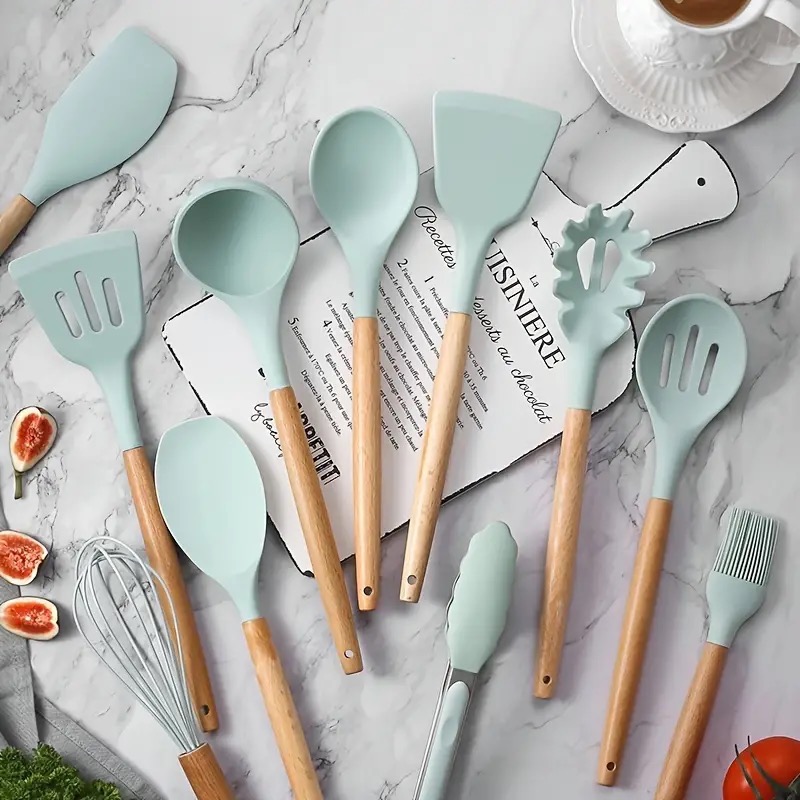 1Set Kitchen Utensil Set, Silicone Cookware Set, 12 Pieces Silicone Kitchen Utensil Set, Wooden Cooking Utensils, Kitchen Gadgets, Silicone Cutlery Set, Kitchen Tools With Storage Bucket