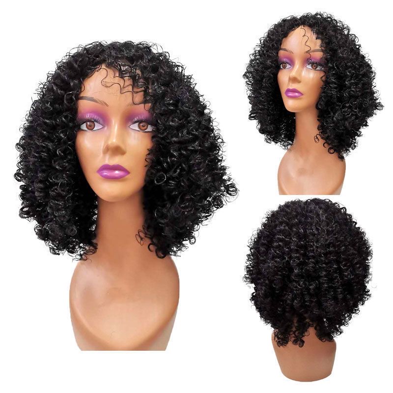 Small curly black wig cover, slim and stylish Korean style high-end mid length curly wig, European and American style wig