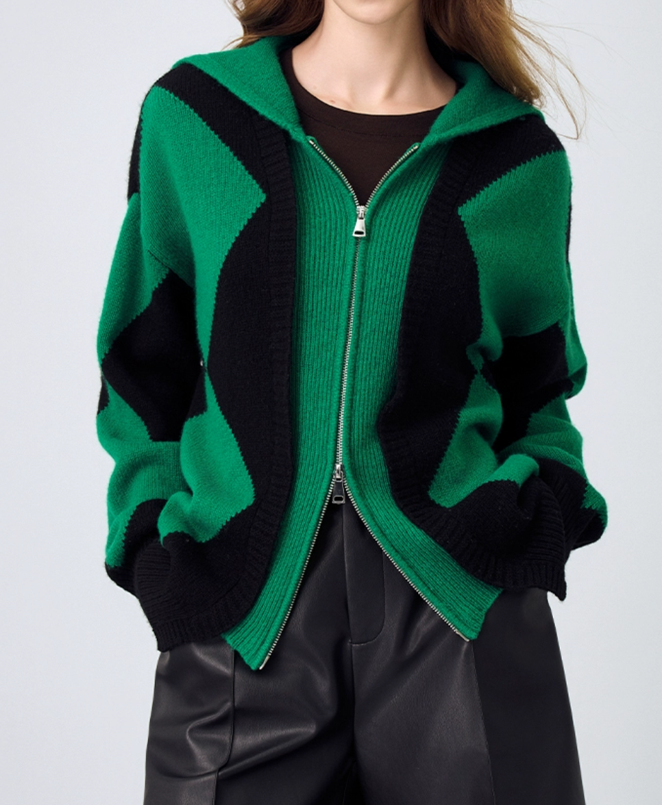Fashion 100%Wool Double Zipper up Cardigan Sweater
