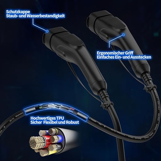 JOYCHARGE Type 2 Charging Cable 22 KW 5 M 32 A, IP55 Waterproof Car Charging Cable Type 2 3 Phase, Mode 3 Charging Cable for Any