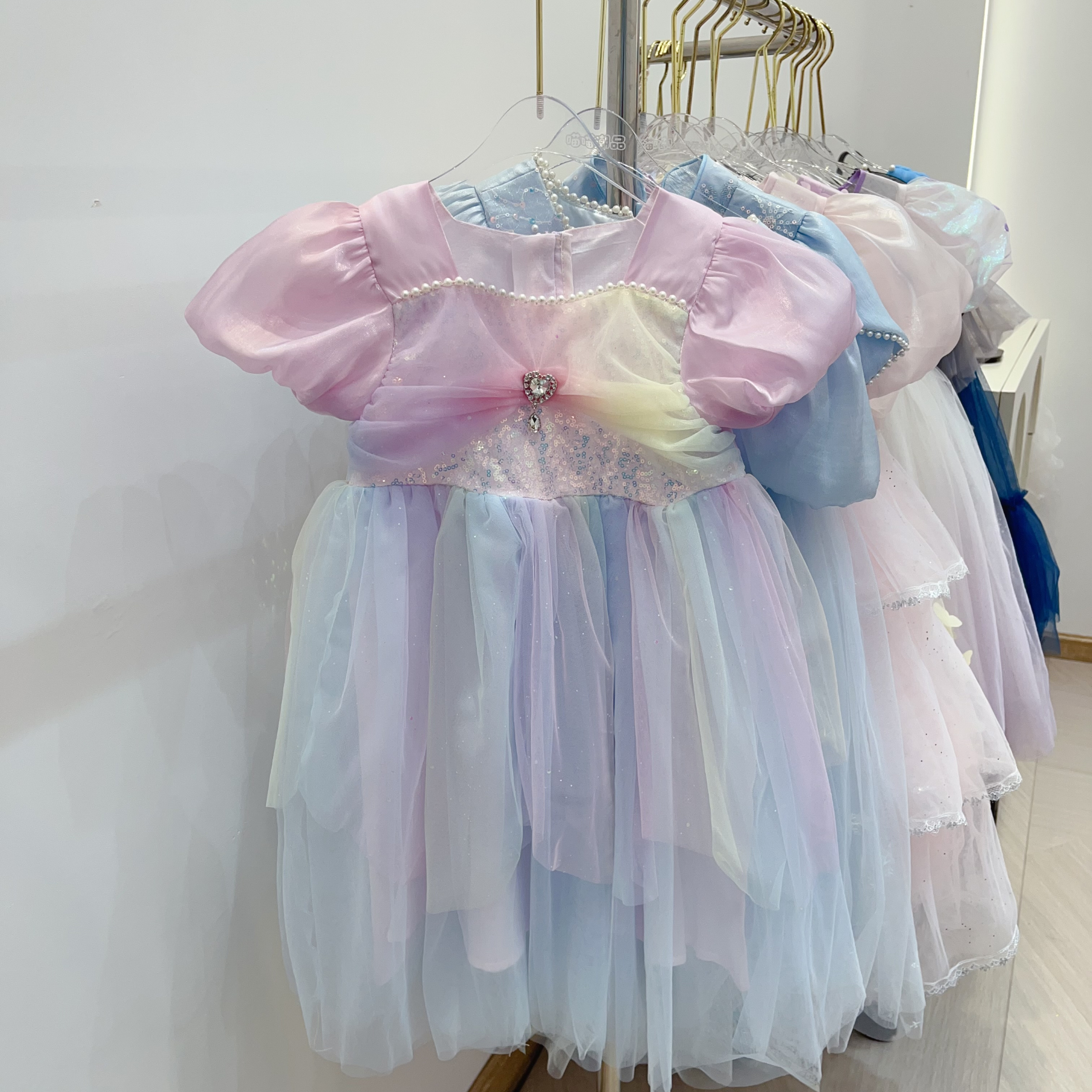 Eid gift tulle party birthday rainbow princess dress middle east style kids girls mesh dress