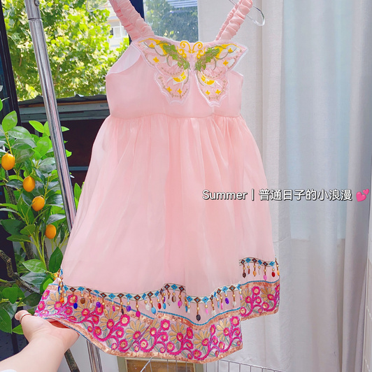 ethnic style mesh slip dress pink casual kids' Children Butterfly Wings Dress