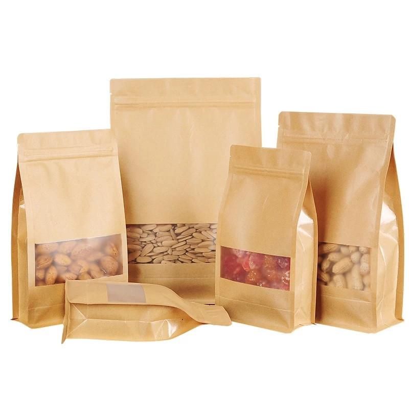 Resealable Eco-friendly Food Packaging Zipper Bags Ziplock Brown Kraft Paper Stand Up Pouch With Window