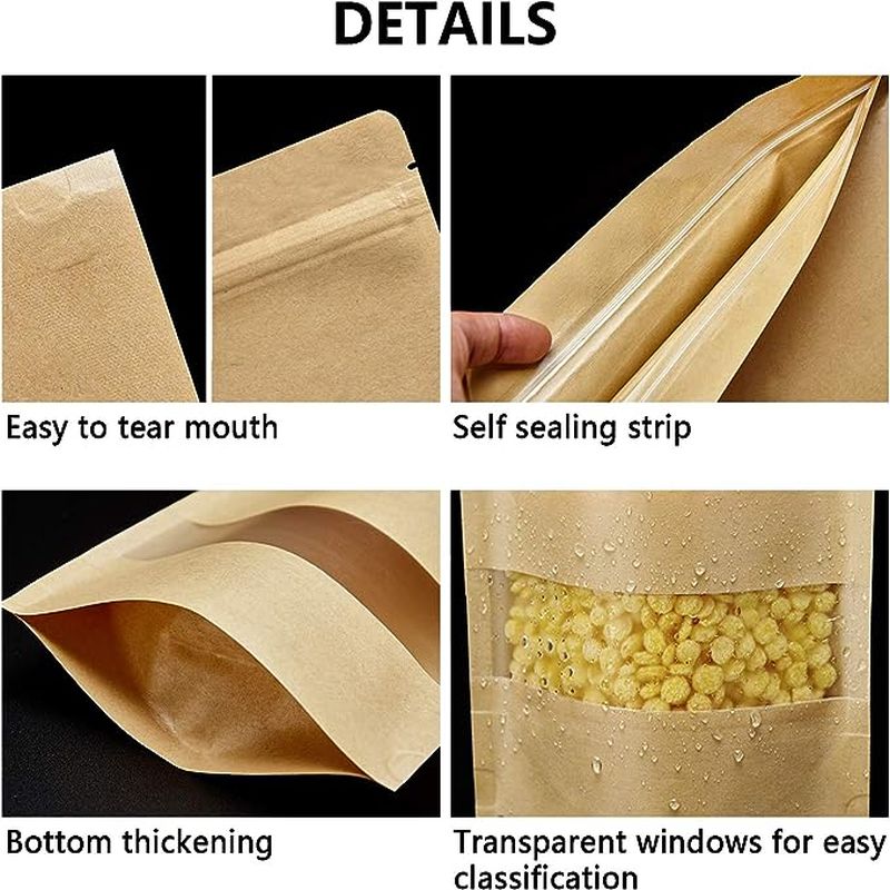 Resealable Eco-friendly Food Packaging Zipper Bags Ziplock Brown Kraft Paper Stand Up Pouch With Window