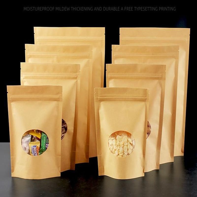 Custom Kraft Paper Stand Up Ziplock Pouch Bags With Clear Window Self-sealing Food Packaging Bag