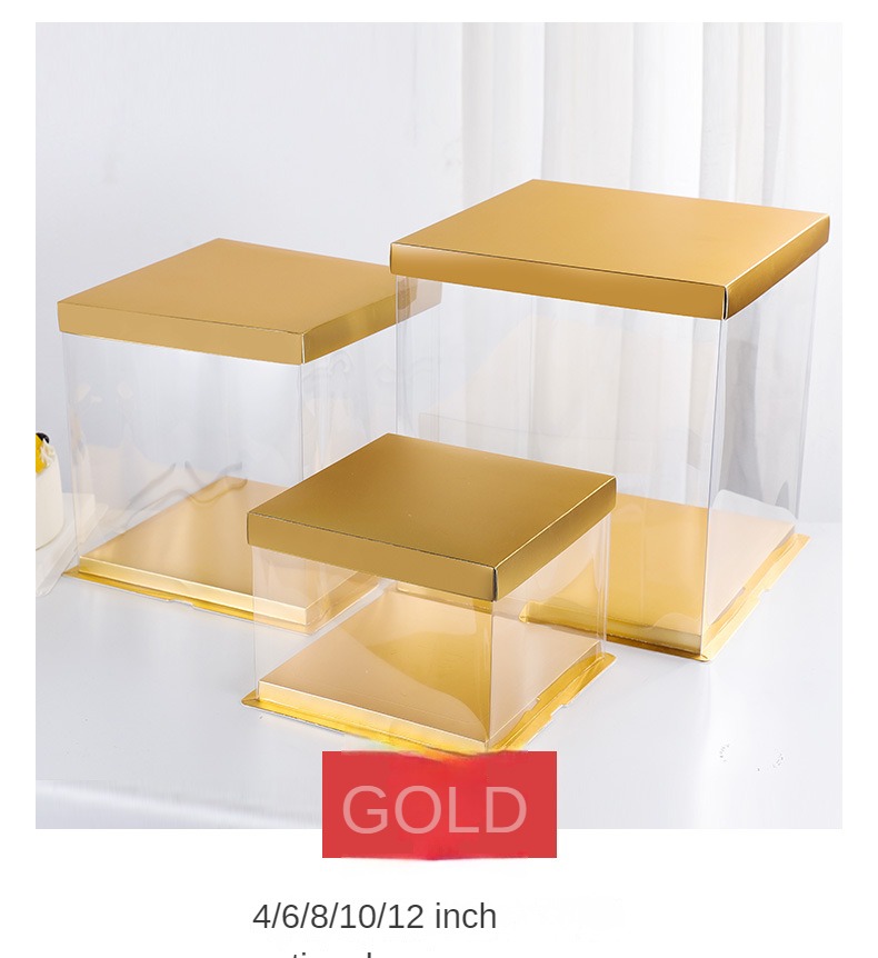 8 inch Tall Cake Boxes PET Clear Bakery Boxes for Birthday Wedding Ceremony in color Gold