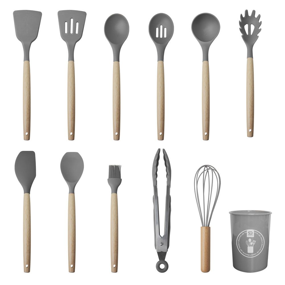 Custom logo Heat Resistant 12pcs Wooden Handles Kitchen Utensils Gadgets Tools Set for Nonstick Cookware