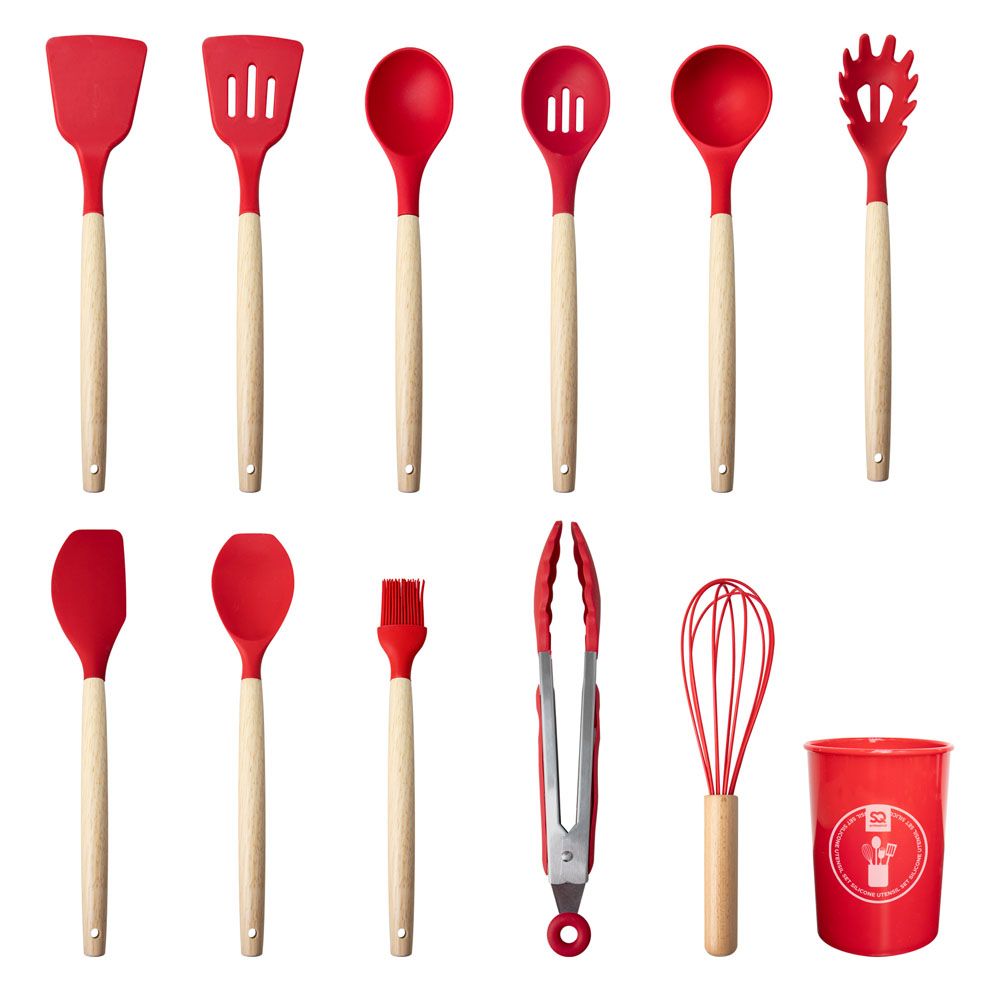 12pcs Red Silicone Kitchen Utensils Set With Wooden Handle