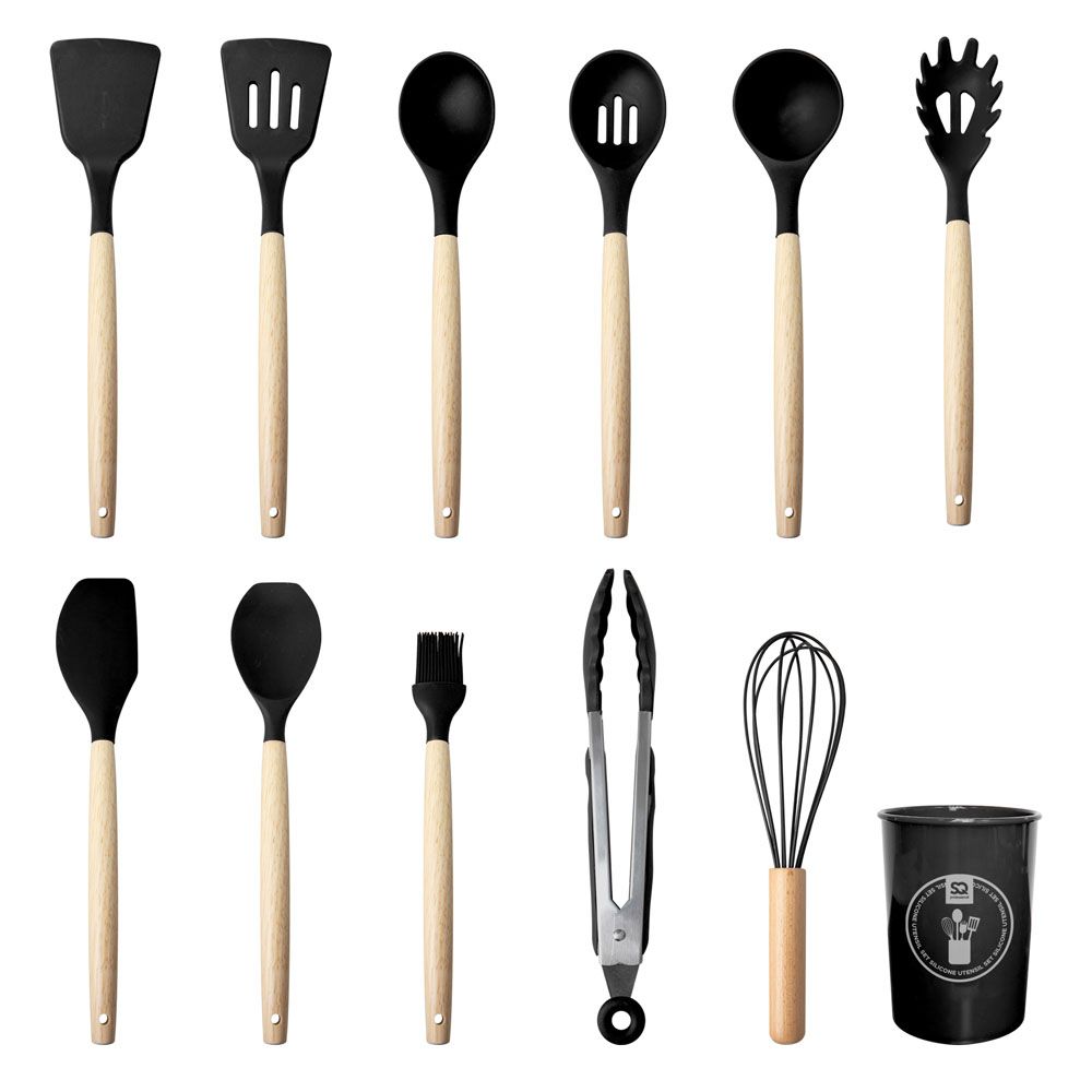 Silicone Kitchenware Utensils Cooking Sets With Wooden Handle