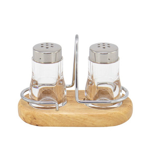 Small Round Glass Spice Bottles Salt & Pepper Shaker Vacuum Jar With Wooden Holder