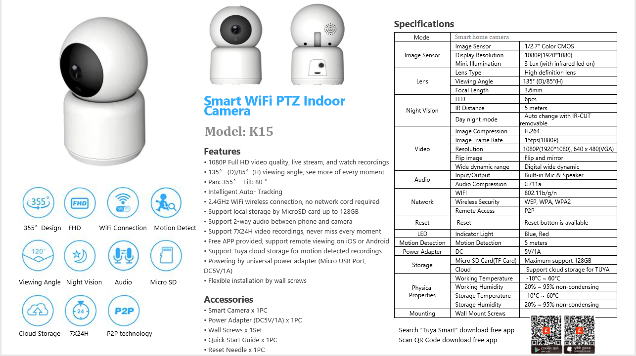 Tuya smart home camera WiFi small PTZ home camera security indoor use steady quality OEM