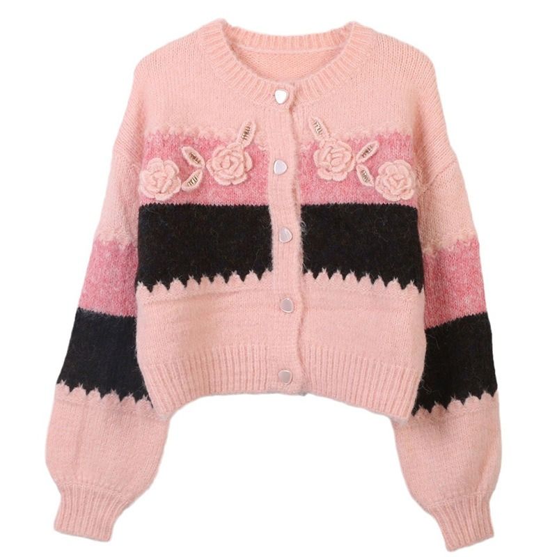 Crochet Floral Buttons Up Stripes Ladies Knitted Cardigan Sweater