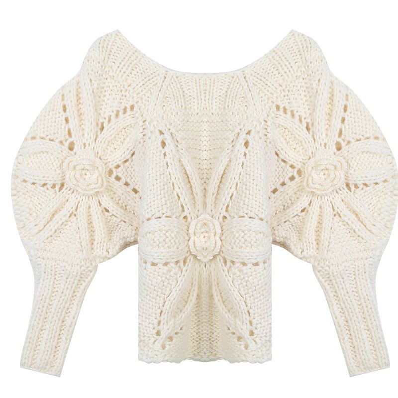 Boat Neck Floral Hand Knit Oversize Crochet Thick Winter Sweater Women