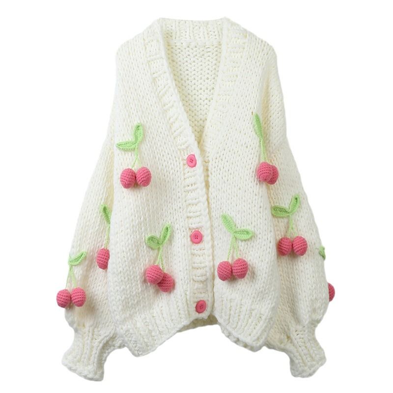 Women Hand Knit Cherry Cardigan Sweater Chunky Loose Winter Thick Sweater